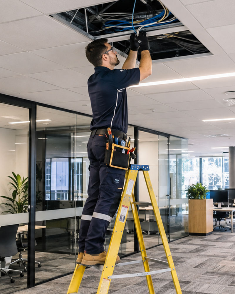 Office Technician Fixing Ceiling Cables