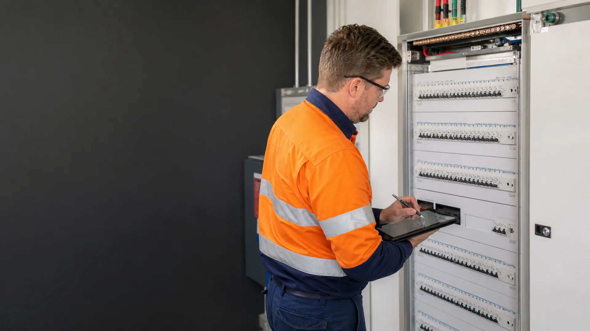 Electrician conducting a commercial electrical compliance audit