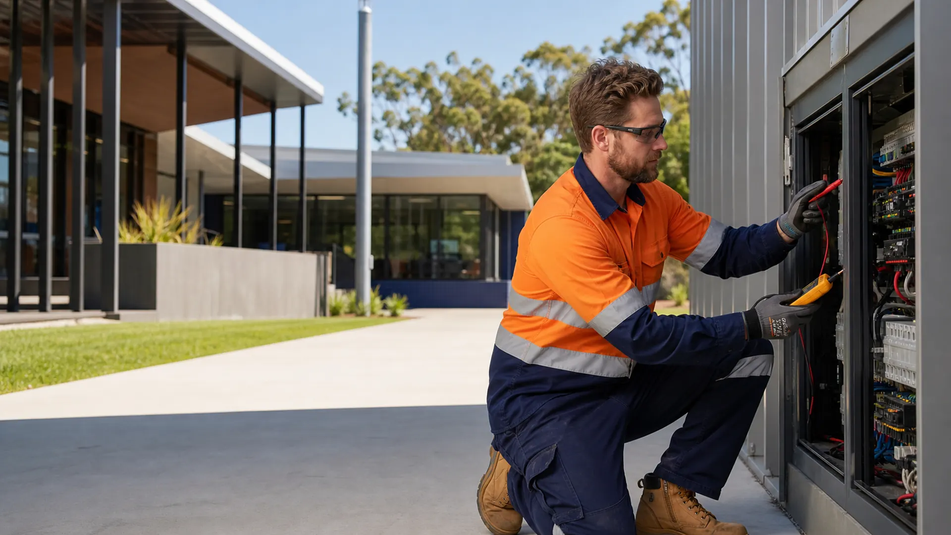 Electrician inspecting infrastructure at a public facility