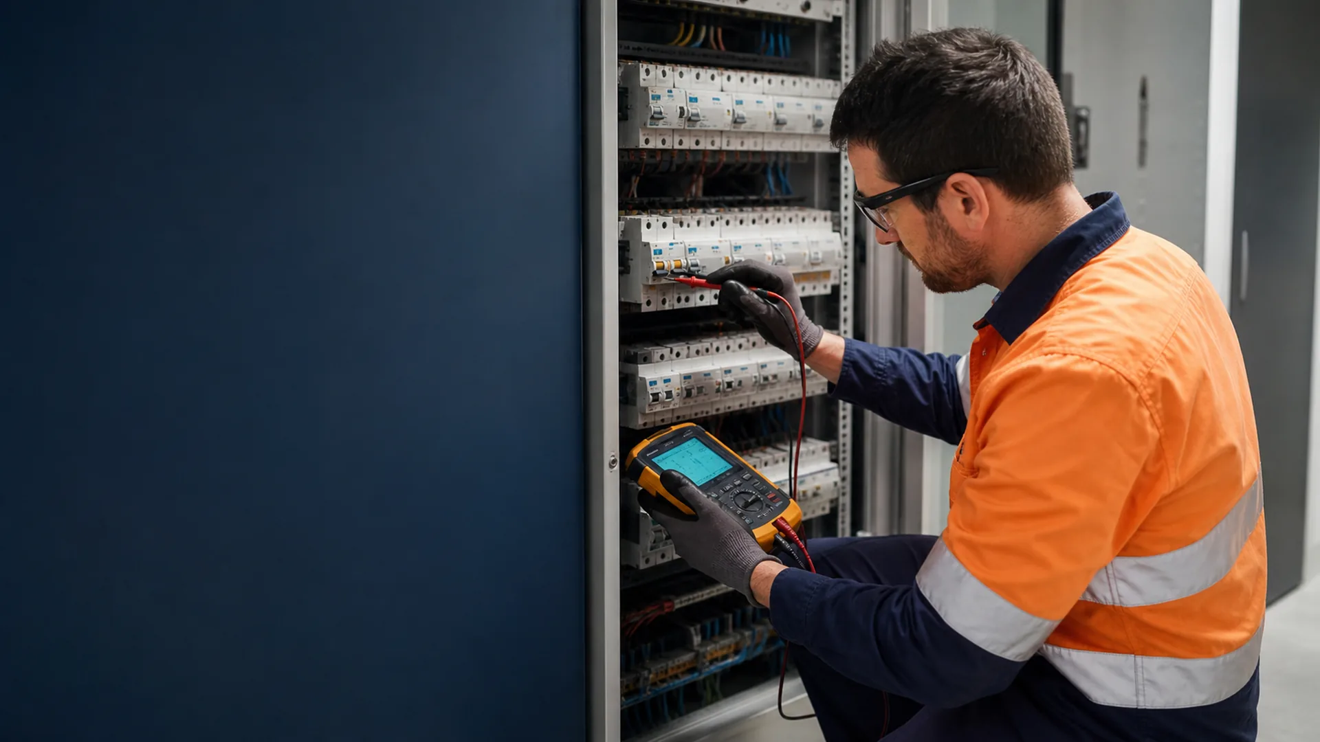 Electrician performing an RCD safety test at a commercial switchboard