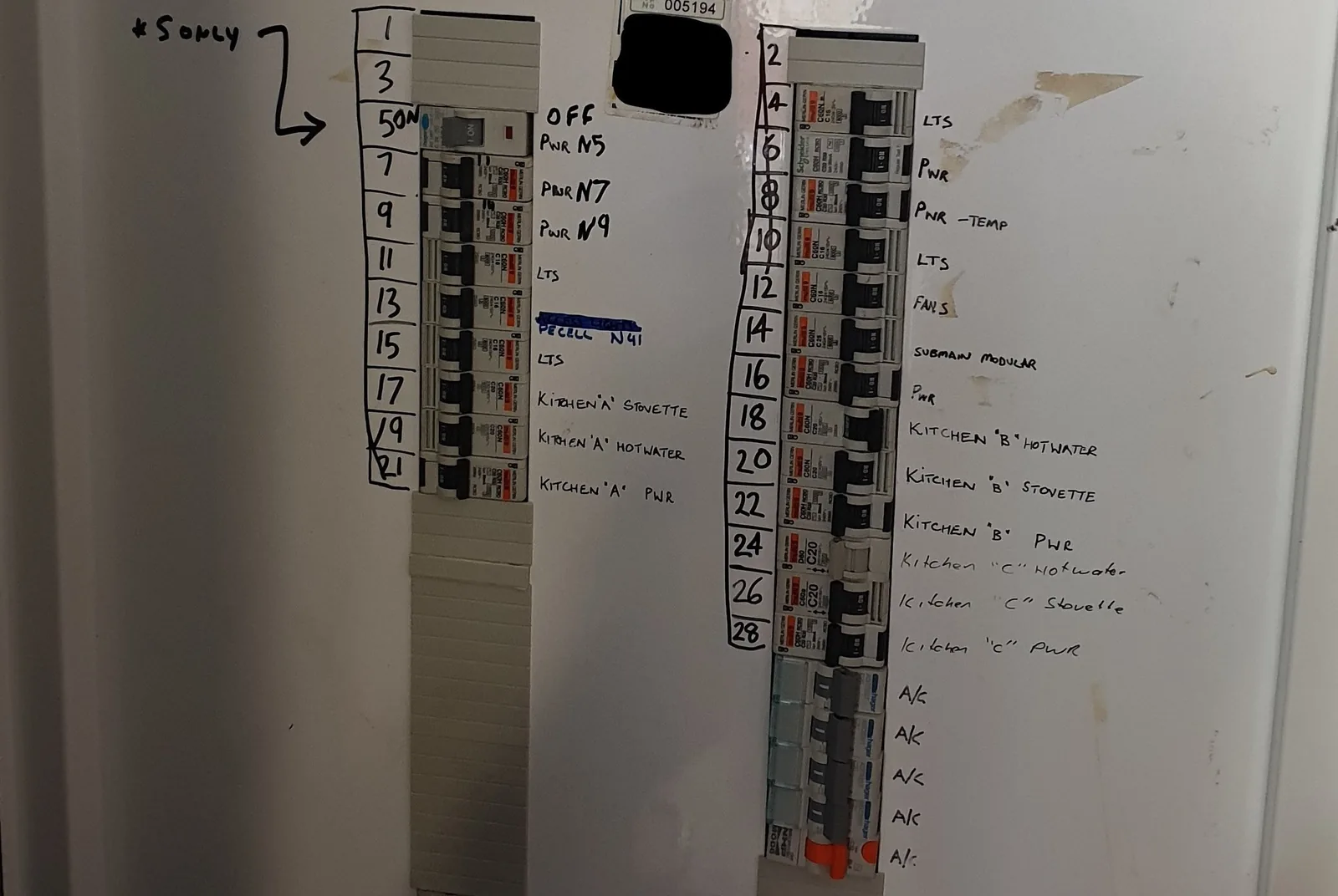 Electrical switchboard with handwritten circuit labels